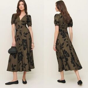 NEW NWT Reformation Naira Solana Olive Black Ruched Puff Sleeve Midi Dress - 2